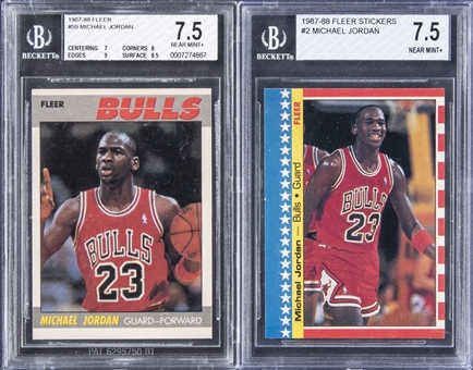 1987-88 and 1989-90 Fleer Basketball Cards w/Stickers Complete Sets Pair (2) – Including 1987-88 Fleer #59 Michael Jordan and Fleer Sticker #2 Michael Jordan BGS NM+ 7.5 Examples